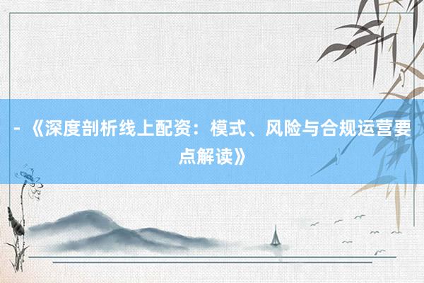 - 《深度剖析线上配资：模式、风险与合规运营要点解读》